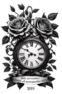 a clock with roses around it with a date  28th of november 2019 underneath in Roman numerals  tattoo design idea