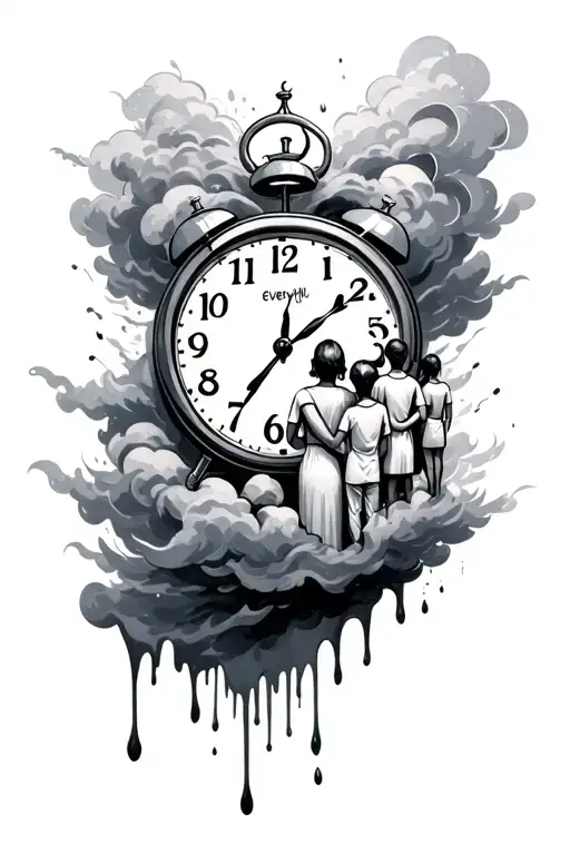 family over everything with clock melting with 10:33 and dark clouds surrounding it  tattoo design idea