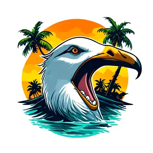 screaming seagull head with palm trees  tattoo design idea