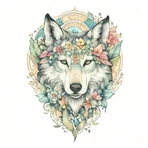 mama wolf head with flowers and butterflies  tattoo design idea