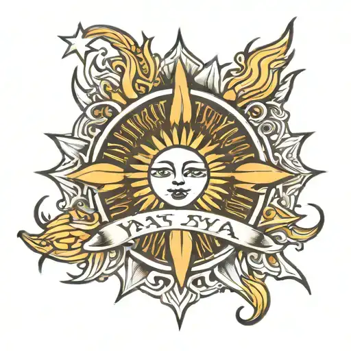 sun outline with cross surrounded with the name yaya incorporated  tattoo design idea