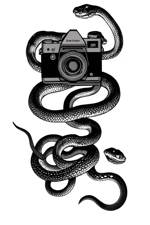 3 snakes eat a camera, negative film arrund, light and shadows, with spots and diaphragme  tattoo design idea