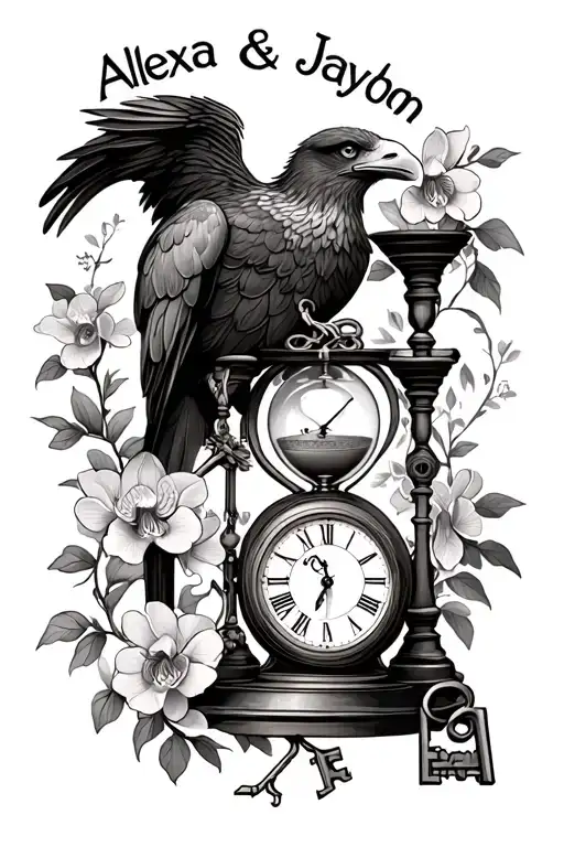 "Alexa & Jaydon" I want an eagle, orchid vine, clock or hourglass with a lock and key to resemble the protection of my two children  tattoo design idea