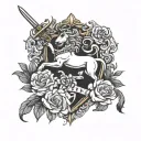 Scottish clan crest in heraldic style with unicorn, lion rampant, roses and claymore sword tattoo design idea
