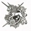 Scottish clan crest in heraldic style with unicorn, lion rampant, roses and claymore sword tattoo design idea