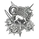 Scottish clan crest in heraldic style with unicorn, lion rampant, roses and claymore sword tattoo design idea