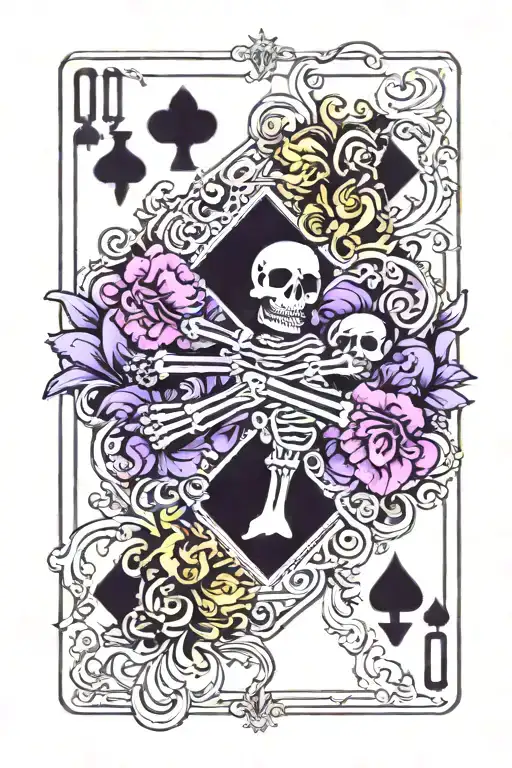 Queen of Spades Playing Card, Skeleton, Black and Purple tattoo design idea