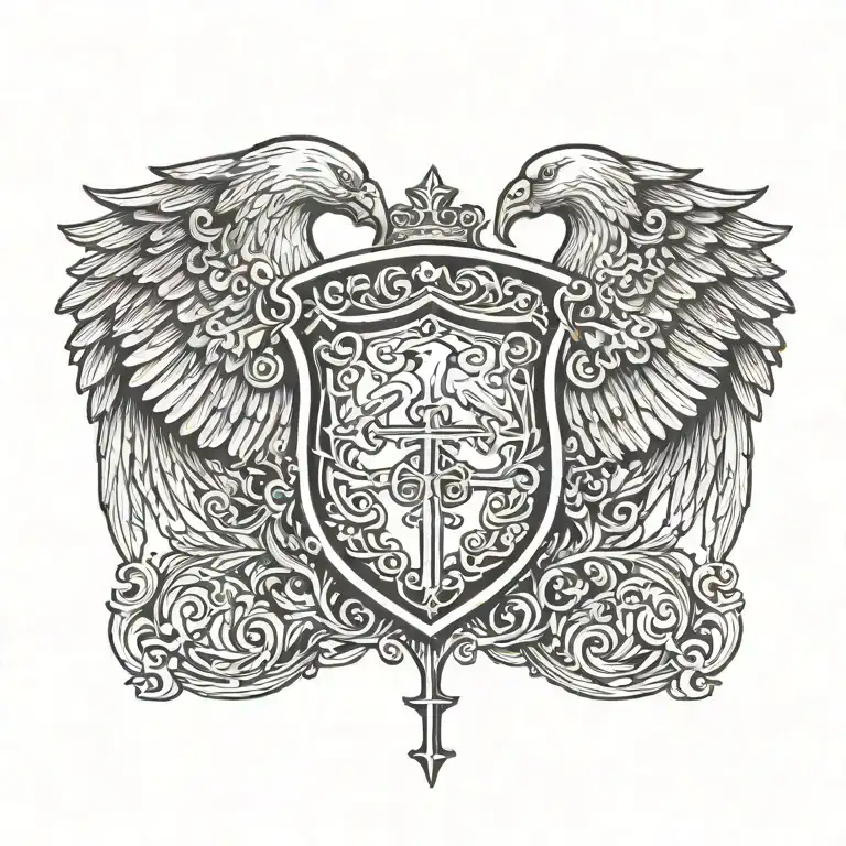 Coat of arms with pair wing of dove and cross in the shield, helm templar tattoo design idea