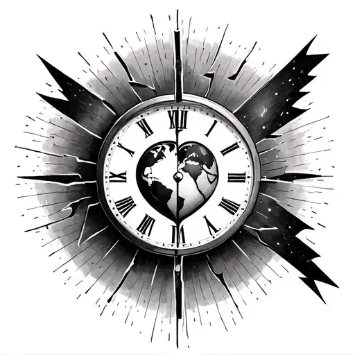 half broken clock face  half radar   with a ping on each side of the world   a jagged heart in the middle radar Love e tattoo design idea