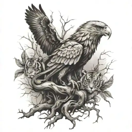 a tree roots with an eagle a tiger and butterlfys tattoo design idea