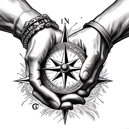 A sophisticated black & grey rib tattoo of two hands holding with a wedding ring, complemented by a compass rose pointing north, symbolizing fate and romance tattoo design idea