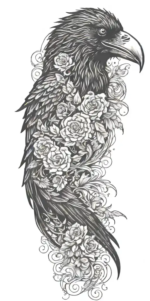 raven, medusa, flowers, waves, and feathers falling tattoo design idea
