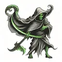 small black stencil full body grim reaper with glowing green eyes  tattoo design idea