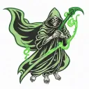 small black stencil full body grim reaper with glowing green eyes  tattoo design idea