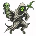 small black stencil full body grim reaper with glowing green eyes  tattoo design idea