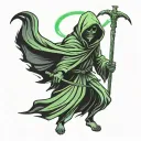 small black stencil full body grim reaper with glowing green eyes  tattoo design idea