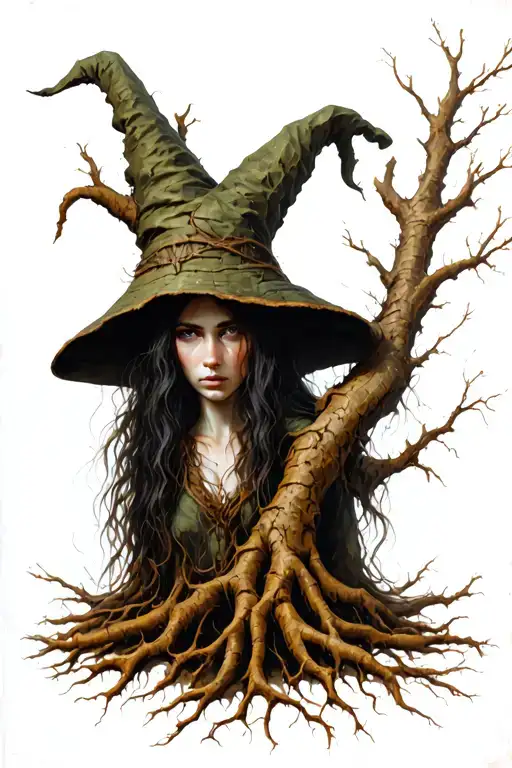 Exquisitely detailed and natural oil painting of an ancient witch made of tree bark and roots. tattoo design idea