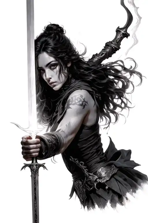woman good with steal helmat holding a light sword in one hand tattoo design idea