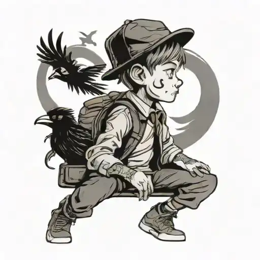 a kid in a big city and under him there are three shadows and there are two birds around him  tattoo design idea