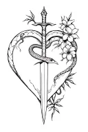 A dagger stabbing through a heart, coiled by a snake, with spiky flowers blooming around it. tattoo design idea