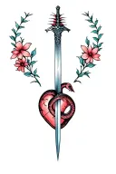 A dagger stabbing through a heart, coiled by a snake, with spiky flowers blooming around it. tattoo design idea