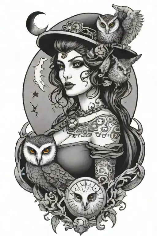 lilith  with her glyph, owls and the moon in a tarot card  tattoo design idea