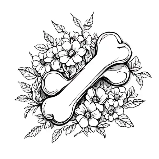 A sketch style vine of flowers wrapping around a dog bone tattoo design idea