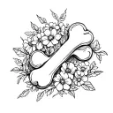 A sketch style vine of flowers wrapping around a dog bone tattoo design idea