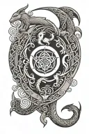 a simplified, vertically elongated tattoo design, featuring a minimalist Capricorn symbol along with sigils representing tattoo design idea