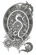 a simplified, vertically elongated tattoo design, featuring a minimalist Capricorn symbol along with sigils representing tattoo design idea