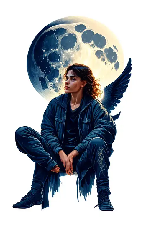 angle sitting on moon shining tattoo design idea