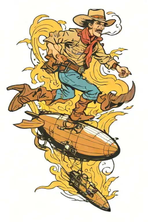 cowboy outrunning a crashing blimp tattoo design idea