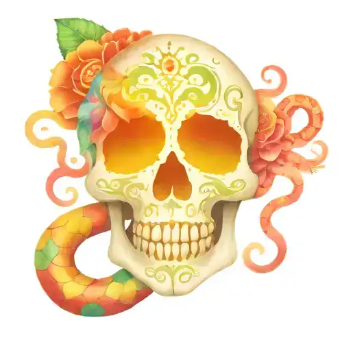 Mexican style skull with snakes tattoo design idea