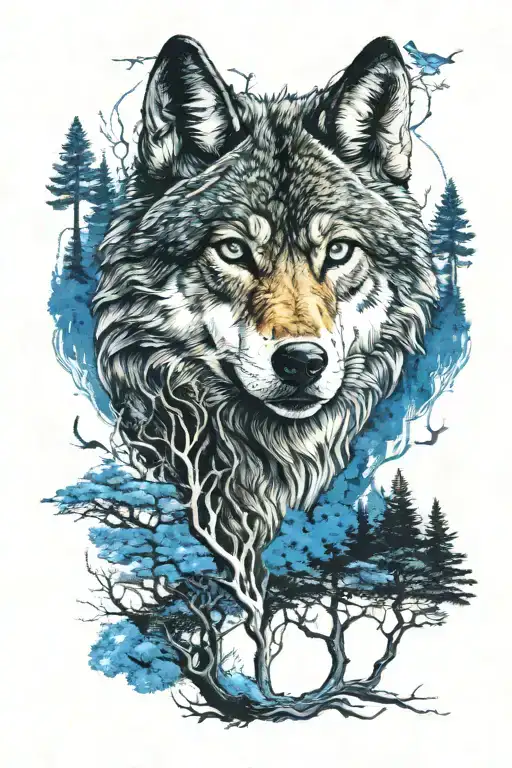 wolf in blue eyes howling forest scene tattoo design idea