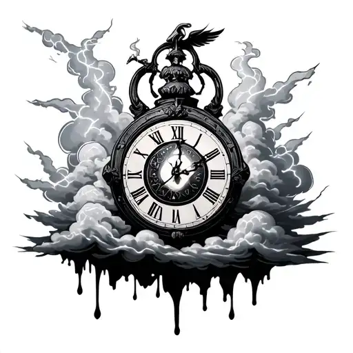 clock with roman numerals pancho above the clock melting and godly clouds below with lightning  tattoo design idea