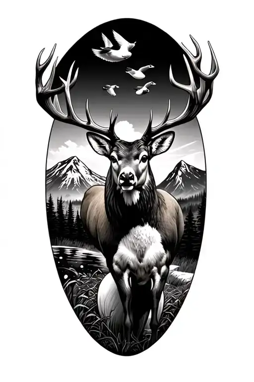 mountains, whitetail buck standing, mallard ducks flying tattoo design idea