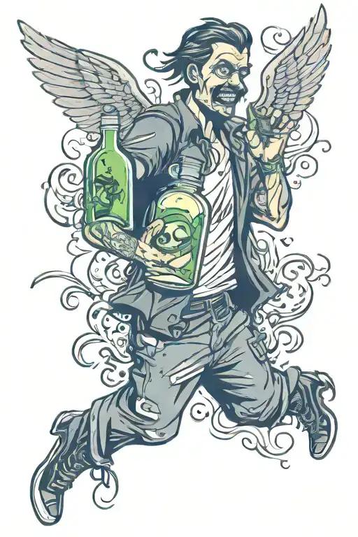 A gloomy guy is holding a bottle of poison in his hand, and spirits are flying behind him tattoo design idea