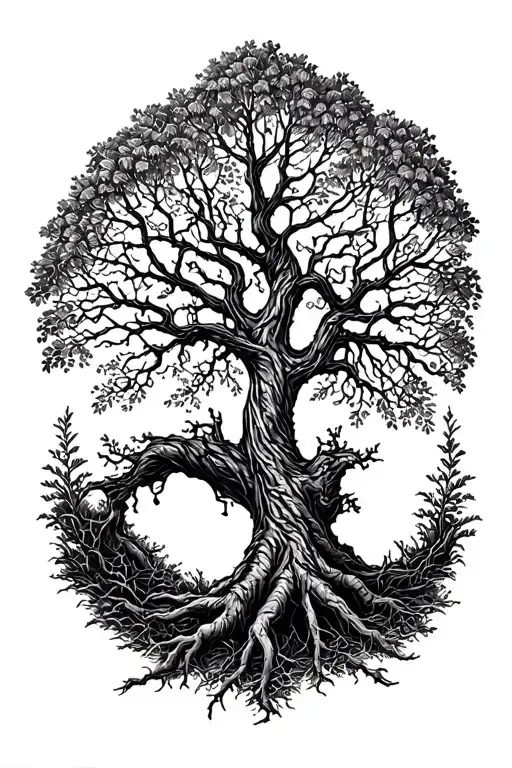 family tree black English walnut branches ,roots  tattoo design idea
