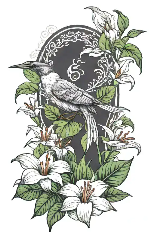 peace lily and robin bird mum written tattoo design idea