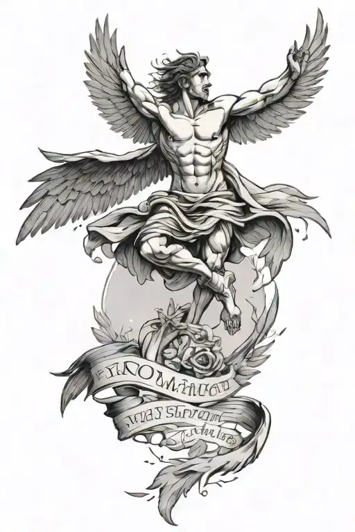 icarus falling from sky with the words "how high can you fly with broken wings" tattoo design idea