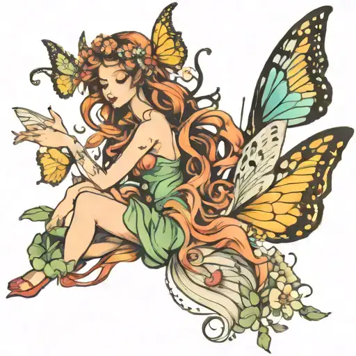 fairy and butterfly flying together tattoo design idea