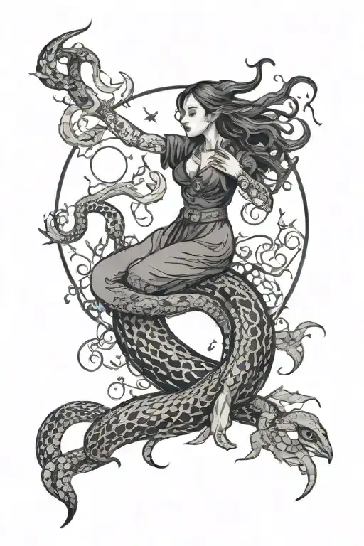 moon, snakes, witch casting spells tattoo design idea