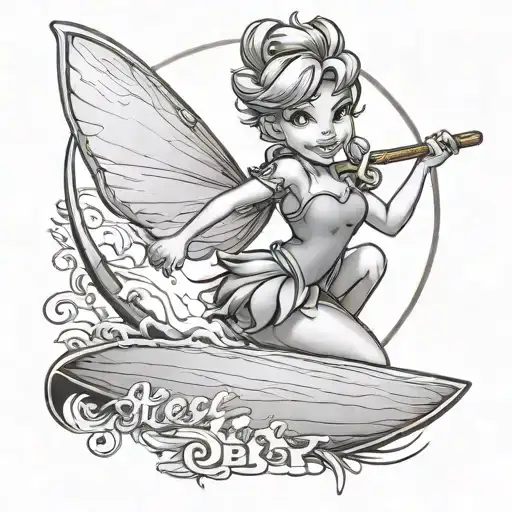 I want you to draw me Tinker Bell, the Peter Pan character, holding a surfboard tattoo design idea