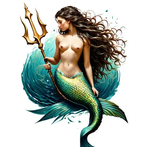 nude mermaid with trident intertwined tattoo design idea