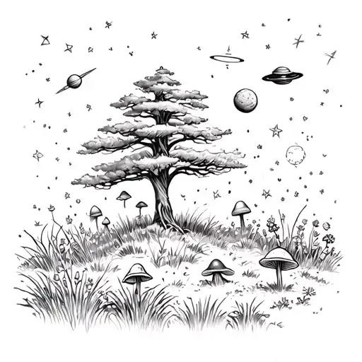 Cedar tree with prairie grass, wildflowers and mushrooms. Shooting stars, planets, UFO tattoo design idea