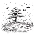 Cedar tree with prairie grass, wildflowers and mushrooms. Shooting stars, planets, UFO tattoo design idea