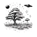 Cedar tree with prairie grass, wildflowers and mushrooms. Shooting stars, planets, UFO tattoo design idea
