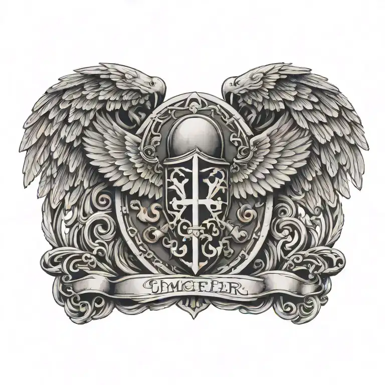 Coat of arms with cloud , wing of dove and cross and knight templar helmet helmet on top tattoo design idea