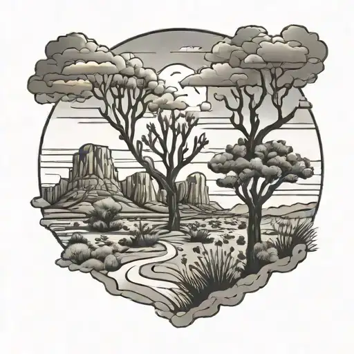 Arizona desert landscape tattoo featuring trees and clouds tattoo design idea