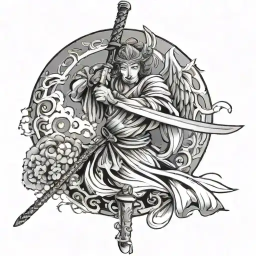 angel, japanese, katana sword tattoo design idea